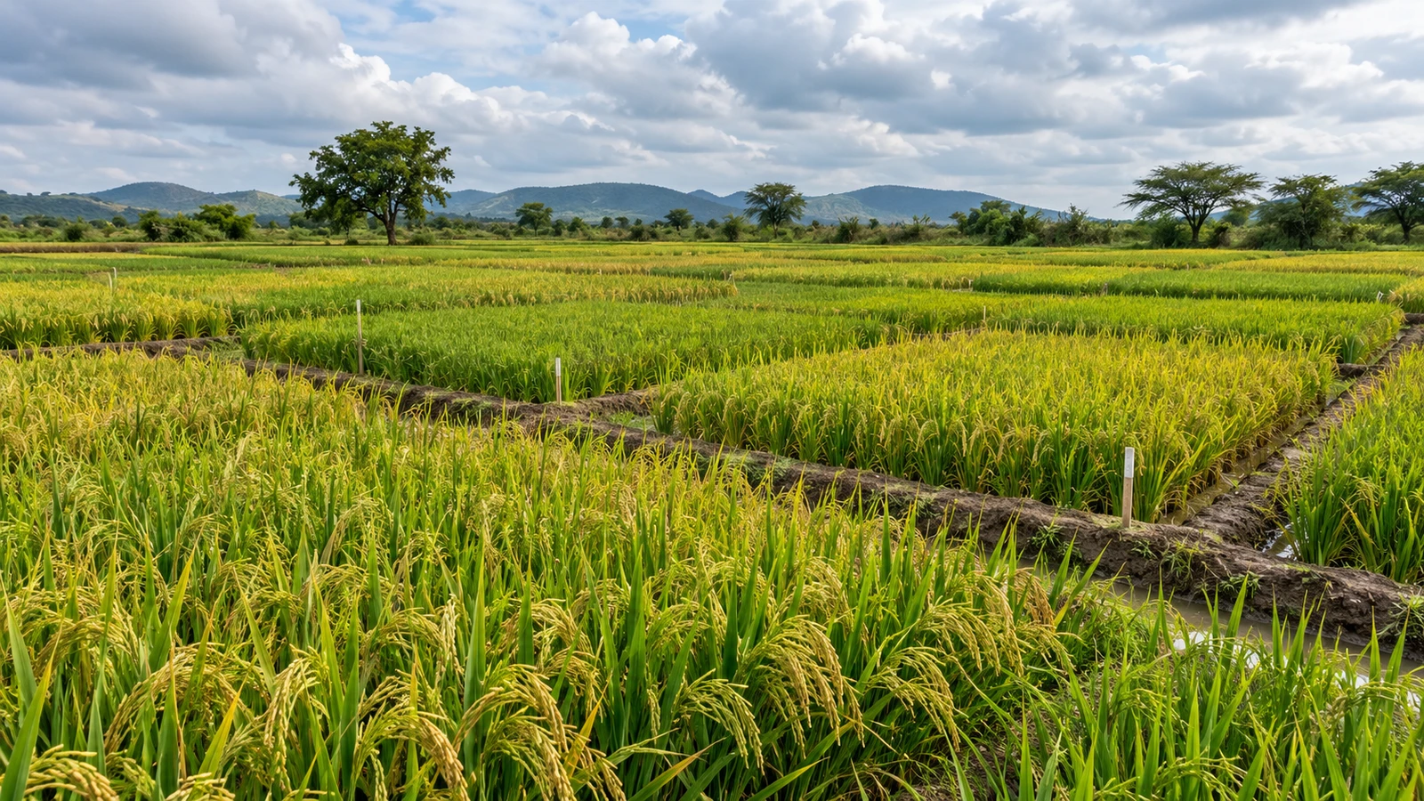 Rice research plots in central India — AI illustration