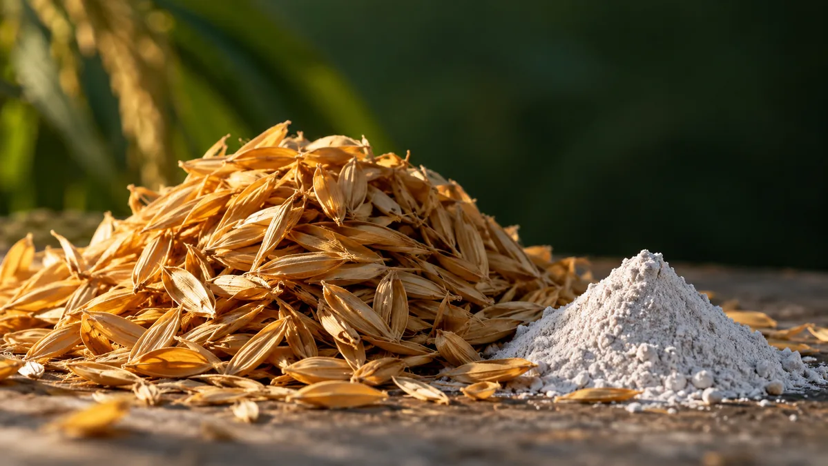 Rice husks and processed silica material — conceptual illustration