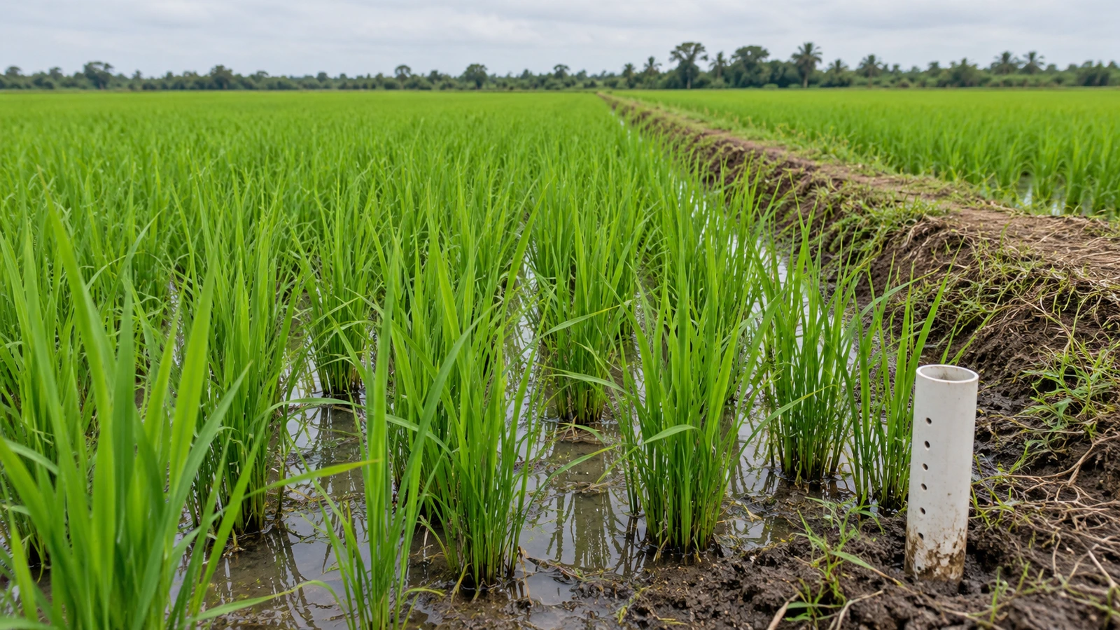 Green rice field with a water monitoring tube — AI illustration